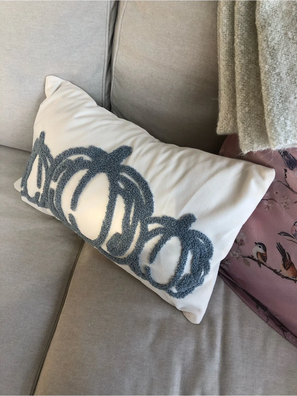 Cream Lumbar Pillow Cover…with Gray/blue Pumpkin Design - Home Holiday NEW…